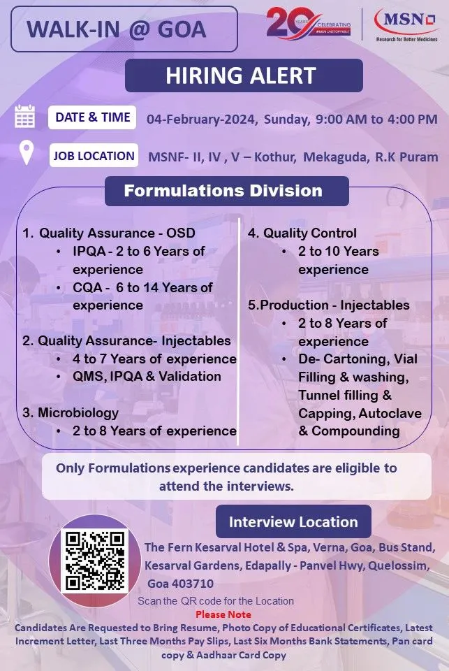 MSN LABS - Walk-In Drive for QC, QA, Microbiology, Production on 4th Feb 2024